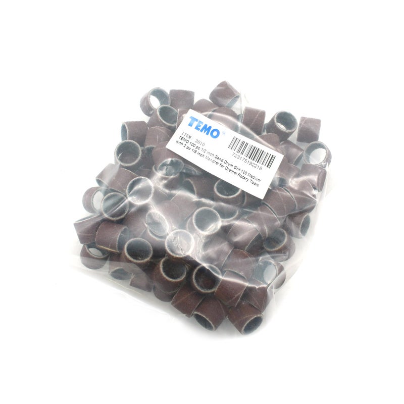 TEMO 100 pc 1/2 Inch Sand Drum Grit 120 Medium with 2 pc 1/8 Inch Mandrel for Dremel Rotary Tools - Image 3